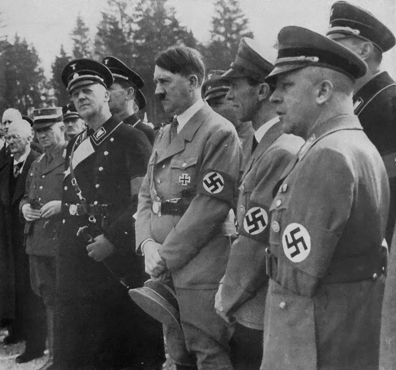 Adolf Hitler, Joseph Goebbels, and Max Amann during Fritz Todt's speech at the 8.3 kilometer of the construction of the Reichsbahn between Munich and Salzburg